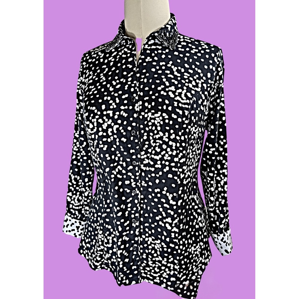 Lane Bryant Sz 16 Black White Polka Dot Beaded Collar Button Down Shirt